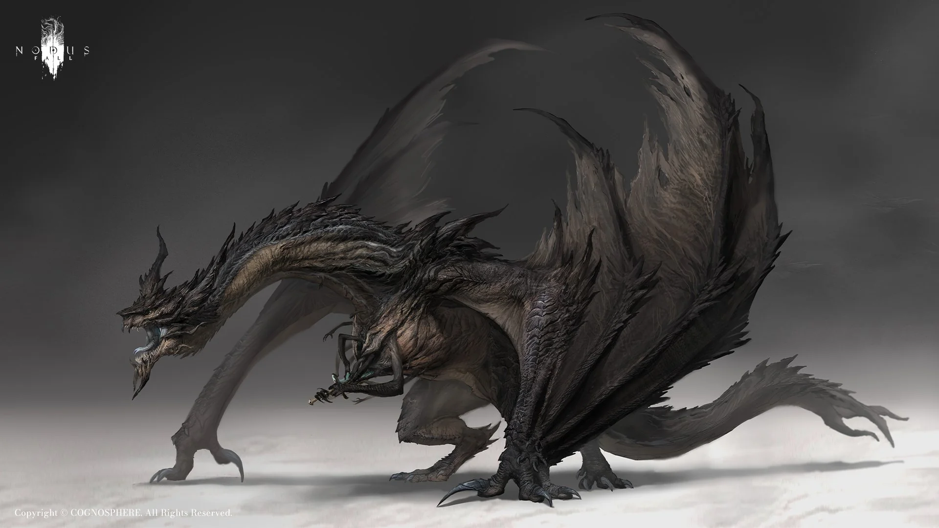 Official Nodusfall concept art of a dark long-necked dragon holding a sword