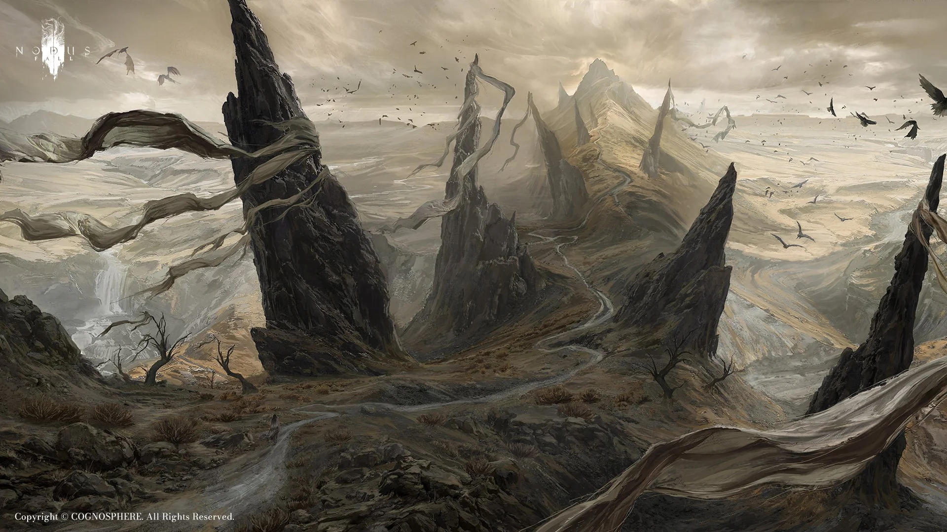 Nodusfall environment concept art of a pale desert filled with jagged stone peaks and wind-tossed streamers